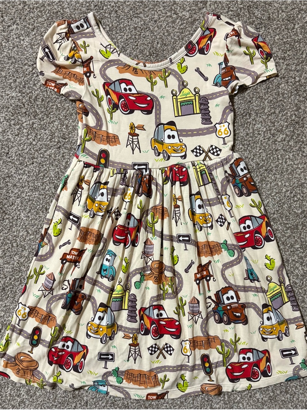 Little Sleepies Cream Kids Dress with Red, Yellow, Brown, Green, Blue Cars